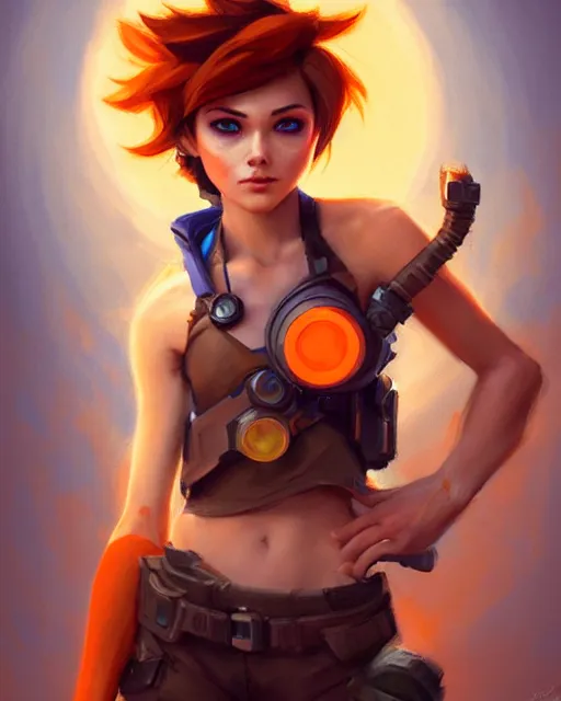 Prompt: play of the game of tracer wearing orange halter top, perfect face, brown hair, abs, cinematic, stunning, cute, adorable, strong, highly detailed, psychedelic, digital painting, artstation, smooth, hard focus, illustration, art by jessica rossier and and brian froud