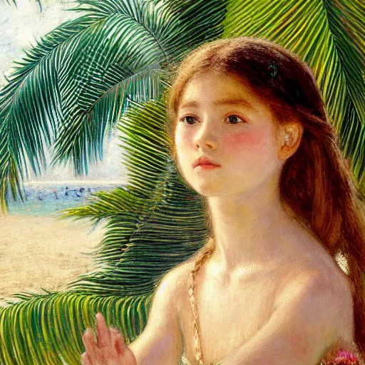 Image similar to a ultradetailed beautiful painting of a girl in the amazonas palace balustrade designed by jules bastien - lepage, hans belmer, frank weston and gustave baumann, beach, trending on artstation, mediterranean, palm trees, refracted color sparkles, sharp focus, soft light, 8 k 4 k