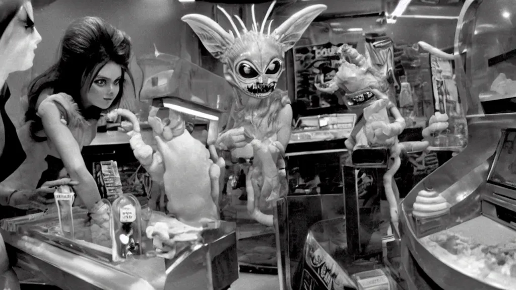 Image similar to Hyperreal Gremlins disguised as casino arcade machines dispense experimental ice cream vaccine derived from predator, xenomorph and furby goosebumps goo in downtown silicon valley, film still from banned media Gremlins 3 New World Order, directed by REDACTED circa 1992 | text reads \'Gremlins 3 New World Order\' | Gremlins