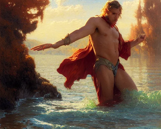 Prompt: attractive male wizard casting powerful wave water spell in a beautiful lake. highly detailed painting by gaston bussiere, craig mullins, j. c. leyendecker 8 k