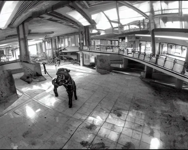 Prompt: camera footage of a Big Dog Robot hunting people in an abandoned shopping mall, high exposure, dark, monochrome, camera, grainy, CCTV, security camera footage, timestamp, zoomed in, fish-eye lense, Robot, Drone, Intense, Titan,