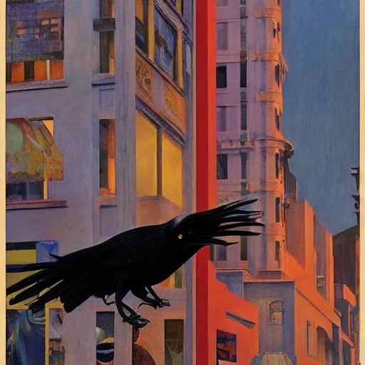 Prompt: a battle of crows in mumbai, hyperrealistic film still by edward hopper, by gottfried helnwein, by klimt, by paolo uccello, art nouveau, highly detailed, strong lights, liminal, eerie, bright pastel colors