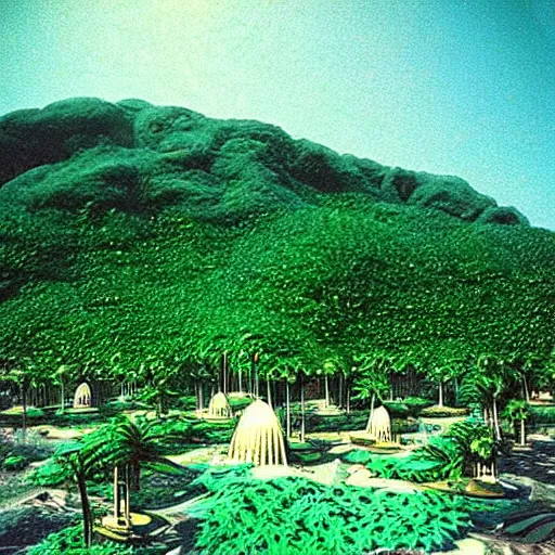 Image similar to “lush utopian solar village on aloha centauri, film still 1970s sci-fi”