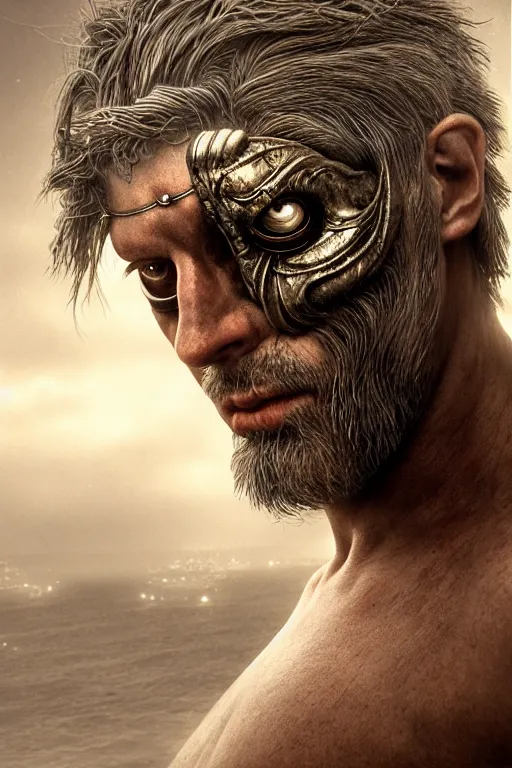 Image similar to cyclops from the odyssey homer's iliad, one - eyed man, intricate, ethereal, by luis royo, hyper detailed, weta digital, ray trace, unreal engine, trending on artist, beautifully lit, cinematic, soft light, photorealistic, volumetric, realistic, glossy, 8 k post - production, masterpiece, luxury, smooth