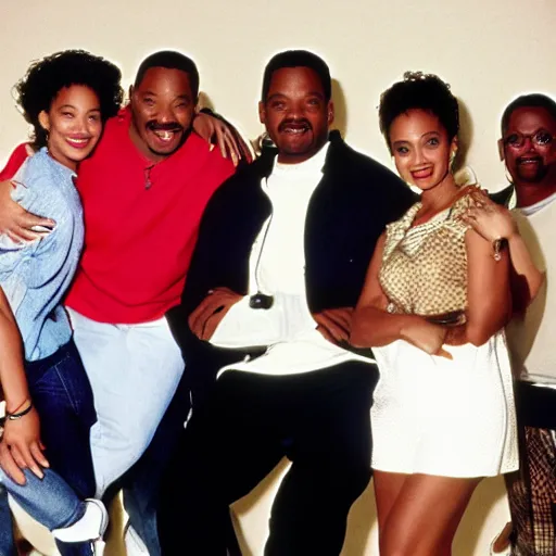 Image similar to will smith, alfonso ribeiro, james avery, karyn parsons, tatyana ali, joseph marcel, dj jazzy jeff, 1 9 9 0, publicity photo