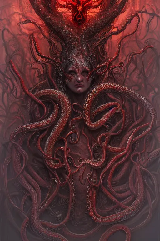 Image similar to realistic portrait of beautifully crystalized and detailed portrait of a necromancer, tentacles, tendrils, eldritch, matte painting of cinematic movie scene red dragon, horror, created by gustave dore and greg rutkowski, high detailed, smooth draw, synthwave neon retro, intricate, realistic proportions, dramatic lighting, trending on artstation.