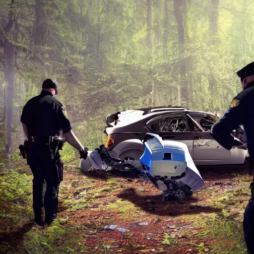 Prompt: a [ team of scientists, police officers, and news reporters ] surround a crashed ufo in the [ middle of a forest ]!!, [ digital art ]!!, trending on cgsociety, 4 k quality