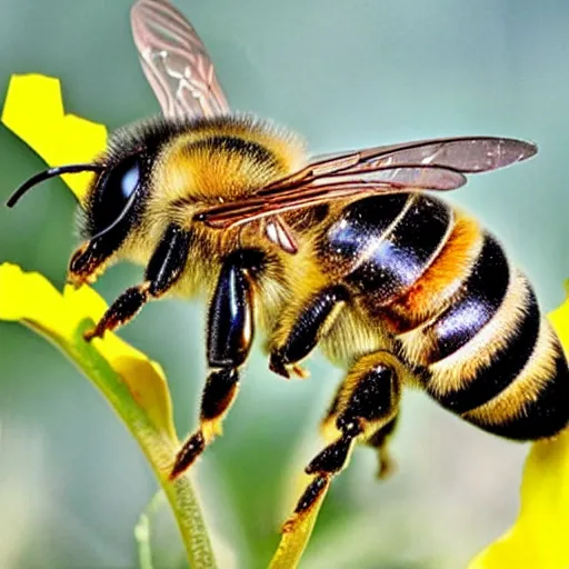 Prompt: a hybrid between a bee and a fighter jet flying through a giant honey hive