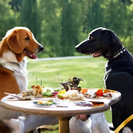 Prompt: Two dogs discussing fine foods in a fancy restaurant.