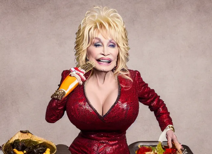 Image similar to photo still of dolly parton at the county fair!!!!!!!! at age 3 6 years old 3 6 years of age!!!!!!!! eating a turkey leg, 8 k, 8 5 mm f 1. 8, studio lighting, rim light, right side key light