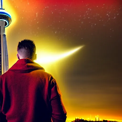 Image similar to man with mars for head in front of Toronto space needle, dramatic epic cinematic lighting, maple leaves and daggers background