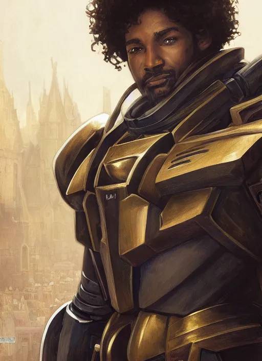 Image similar to medium-length portrait of a male paladin with short curly hair and a salt-and-pepper beard, dark brown skin, wears a suit of power armor, magitech!, gundam, medieval setting, highly detailed, digital painting, artstation, concept art, sharp focus, illustration, art by greg rutkowski and alphonse mucha