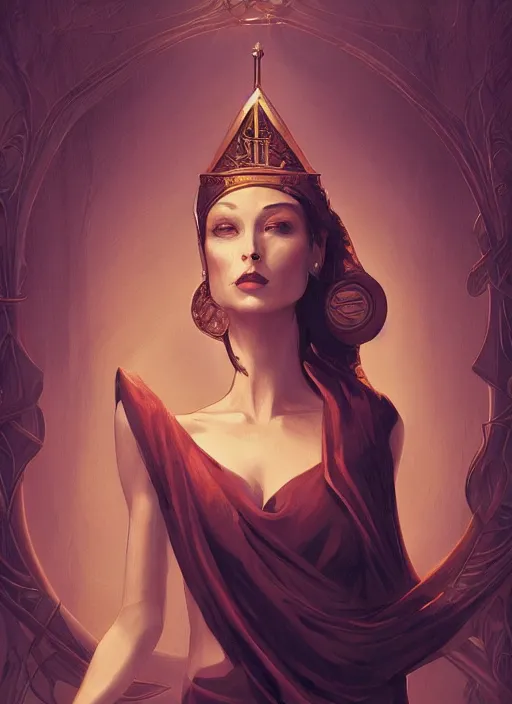 Image similar to tarot!!, high priestess, no noise, elegant, concept art, sharp focus, beautiful face!!, digital art, smooth defined outlines!!, human anatomy, human structure, vector background, dark fantasy, by Brom, trending on Artstation, Tom Bagshaw, Sargent