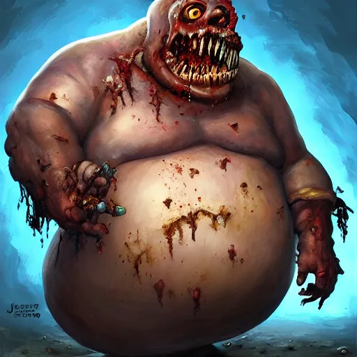 Prompt: a detailed painting of a fat zombie, by justin gerard, digital art, realistic painting, dnd, character design, trending on artstation