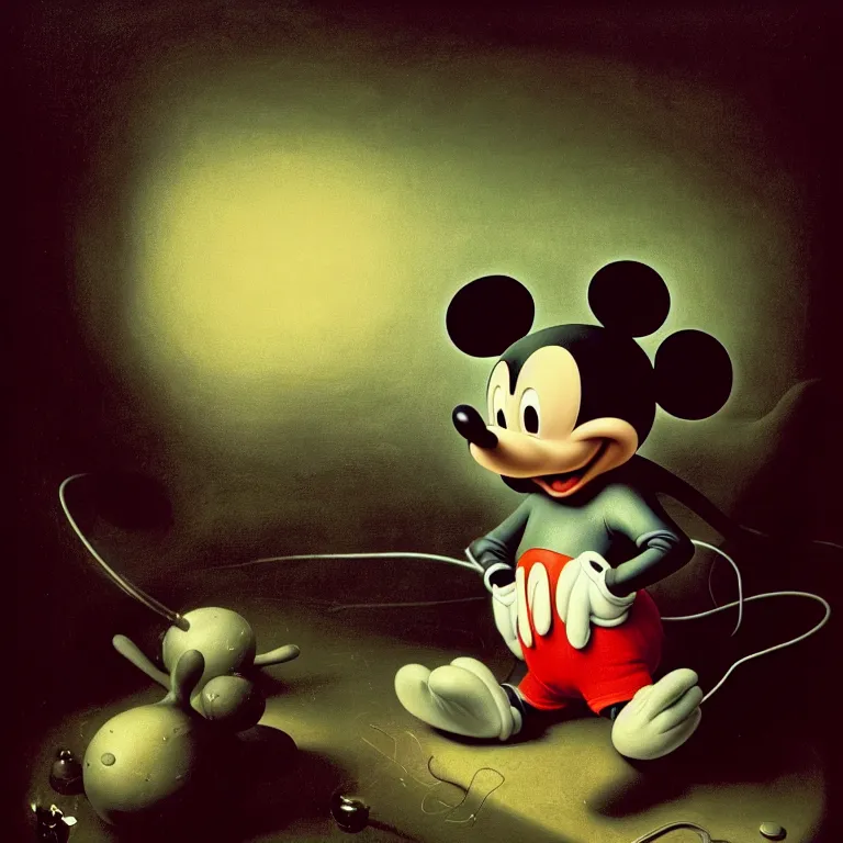 Image similar to portrait of mickey mouse, by hieronymus bosch, soft bloom lucid dream - like dark atmosphere, baroque portrait painting, perfect composition, intricate detailed octane render trending on artstation, 8 k artistic photography, volumetric cinematic perfect light, chiaroscuro, masterpiece, raphael, caravaggio, rutkowski, beeple, beksinski