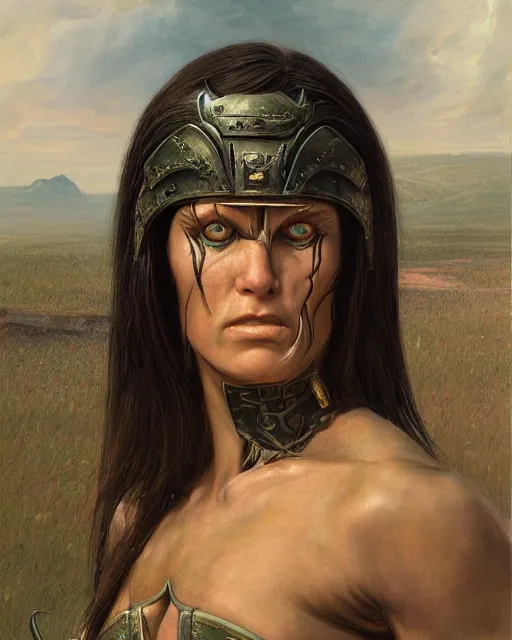 Image similar to a portrait of a muscular female warrior by boris valejo and Thomas Cole and Wayne Barlowe