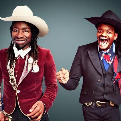 Image similar to king von laugh with fbg dug ( circa 1 9 0 1 ) in cowboy suit, theyre used red and blue bandana