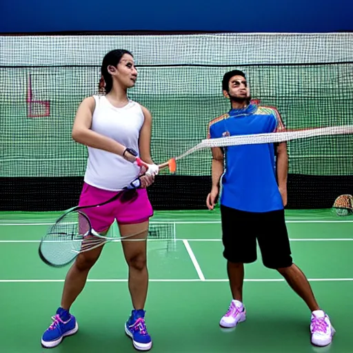 Prompt: two players playing badminton