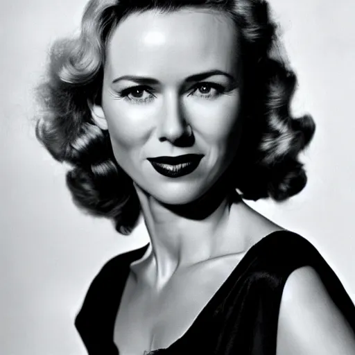 Image similar to Naomi Watts 1940s black and white 20th Century Fox promotional photo. Golden Age of Hollywood.