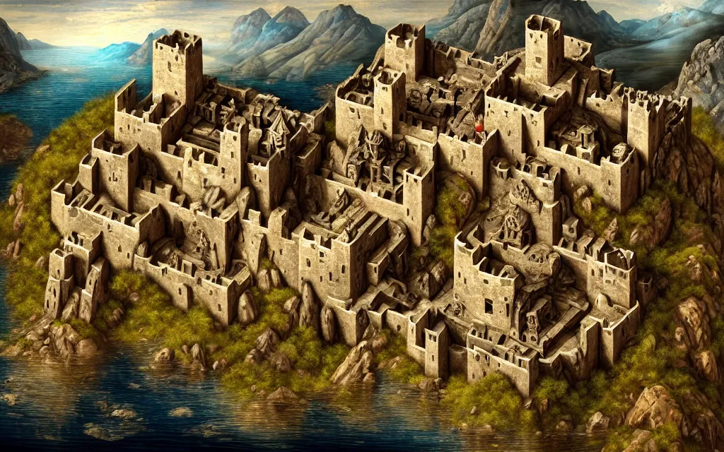 Image similar to aerial view of a dwarven fortress chiseled into the side of a mountain, a baroque oil painting, ominous, epic, medieval fantasy landscape, deep halls, runes, torches, waterwheels, windmills, ornate jewels, trading depots, extremely detailed, sharp focus