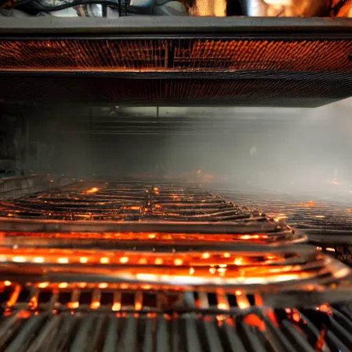 Prompt: rows of toaster oven mecha heads on conveyor belt, dark messy smoke - filled cluttered workshop, dark, dramatic lighting, orange tint, sparks, cinematic, highly detailed, sci - fi, futuristic, movie still