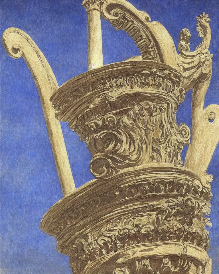 Image similar to achingly beautiful painting of intricate ancient roman corinthian capital on sapphire background by rene magritte, monet, and turner. giovanni battista piranesi.