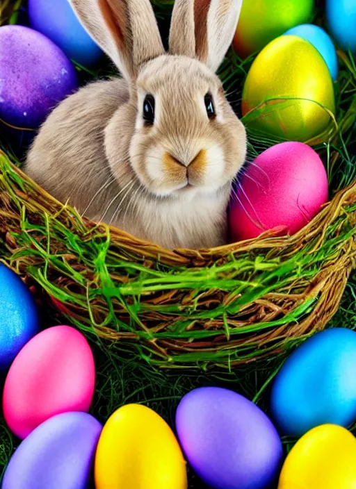 Prompt: a 3 5 mm photo of a lop - eared bunny sitting in an easter basket full of colorful easter eggs, bokeh, canon 5 0 mm, cinematic lighting, film, photography, golden hour, depth of field, award - winning, art by greg rutkowski, maxfield parrish and alphonse mucha