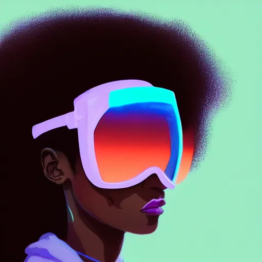 Prompt: beautiful woman wearing opaque reflective goggles profile picture by greg rutkowski, brown skin, long afro hair, asymmetrical, futuristic, pastel neon colors, streetwear, studio ghibli, organic painting, matte painting, geometric shapes, hard edges, street art, trending on the artstation, fantasy lut, realistic by sachin teng,