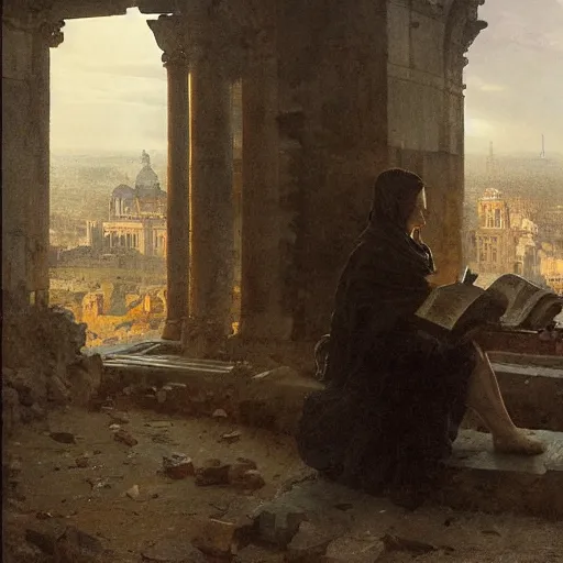 Image similar to half portait of magican wearing a closed cowl and reading big old book! jeremy mann, jean leon gerome, tiepolo, alphonse mucha, greg rutkowski, face in the shadows, ( ( ruins of ancient rome ) ), at dusk, mysterious atmosphere, sunrays, dof, masterpiece, high detailed, 8 k