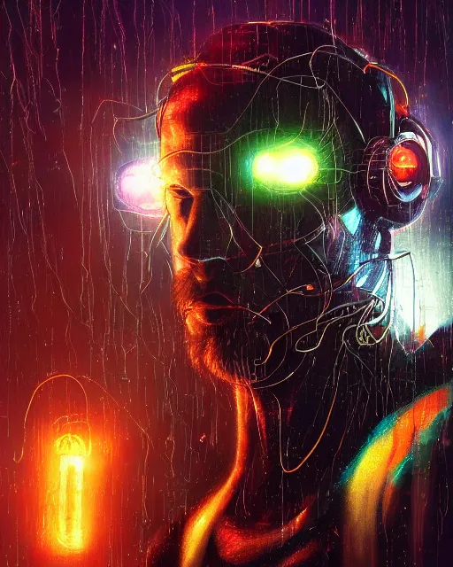 Image similar to a cyberpunk close up portrait of cyborg zeus, electricity, sparks, bokeh, soft focus, sparkling, glisten, water drops, cold, dark, geometric, temples behind, by paul lehr, jesper ejsing