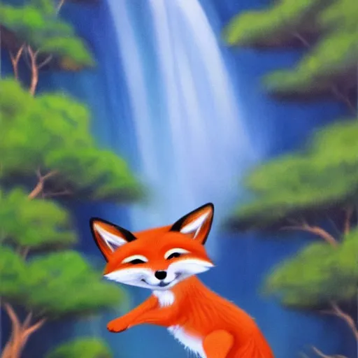 Prompt: A happy fox is jumping into a waterfall (storybook illustration for children, trending on Artstation)