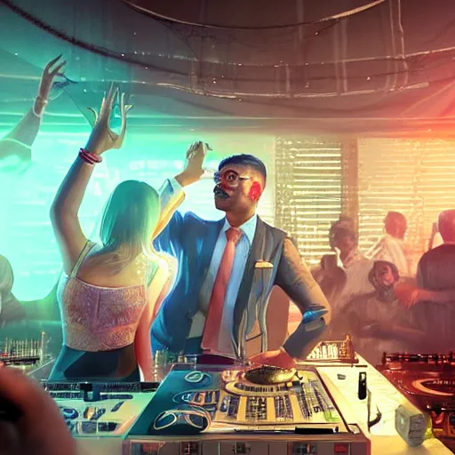 Image similar to a portrait of an indian businessman dj in nightclub, people dancing in background, anatomy, bathed in light, highly detailed, photorealistic, artstation, smooth, sharp focus, illustration, unreal engine 5, 8 k, art by artgerm and greg rutkowski and edgar maxence