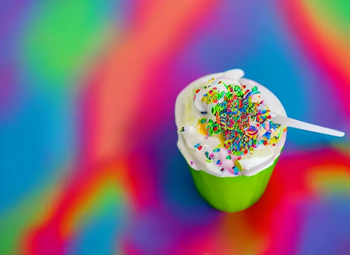 Image similar to food photo still of soft serve swirled frozen yogurt topped with broccoli and rainbow sprinkles, 8 5 mm f 1. 8 studio lighting