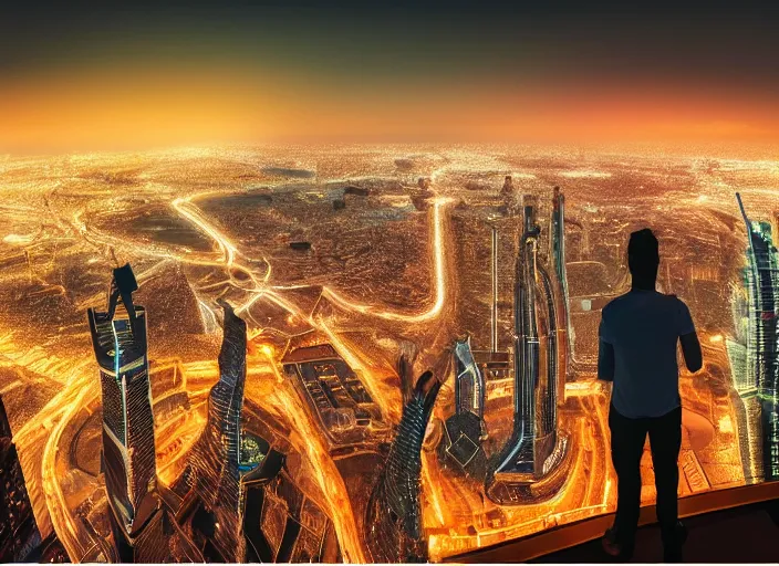 Image similar to closeup of a man [ standing on the pinnacle of the burj khalifa ]!!, holding a camera, viewing out into a [ futuristic cityscape ]!!, dusk atmosphere, digital art illustrated by max hay and greg rutkowski, [ 8 0 s neon art style ]!!, neon wallpaper!!, golden ratio!!, centered!!