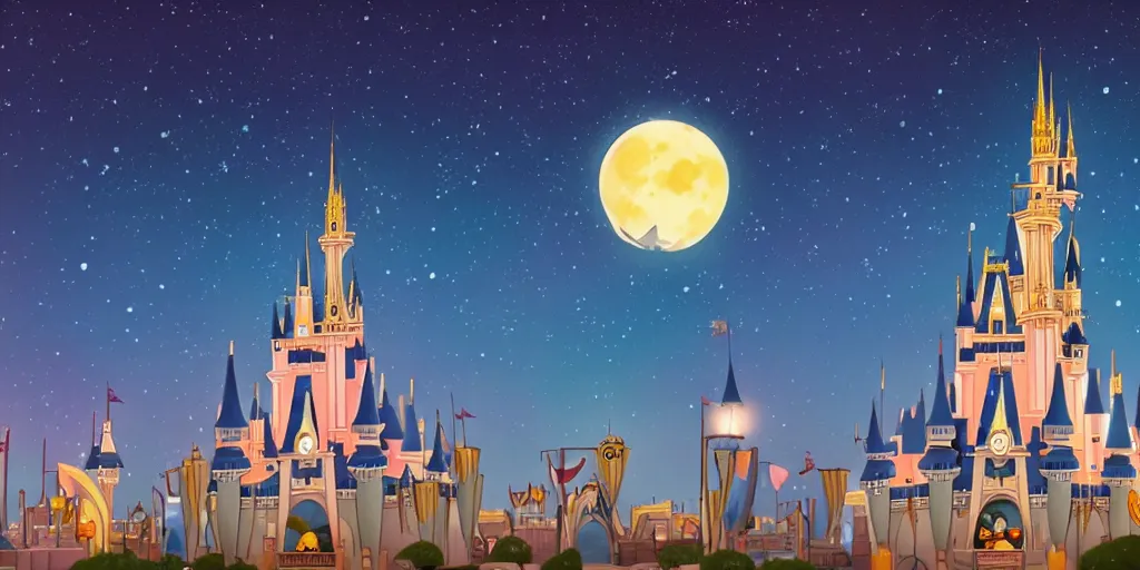 Prompt: moonlit night sky in disney animation style