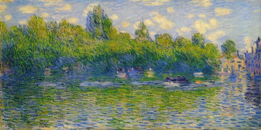 Image similar to A beautiful city next to a small river painted by Monet, amazing landscape