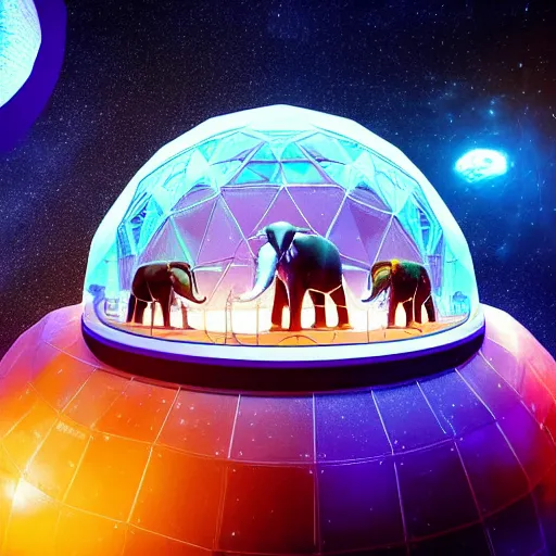 Image similar to a hyperrealistic 3D octane render of an elephant wearing virtual reality goggles playing a synthesizer inside of a geodesic dome planetarium with planets and galaxies, trending on artstation, 8k, 4K, dramatic lighting, glowing, volumetric lighting, ray tracing, unreal engine