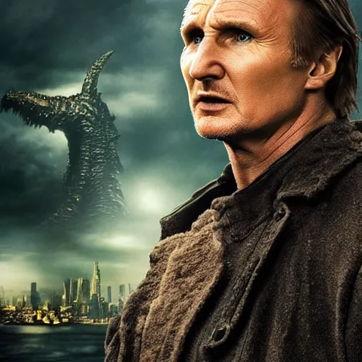 Image similar to liam neeson, godzilla, movie poster, profile shot, high quality, realistic, head to head