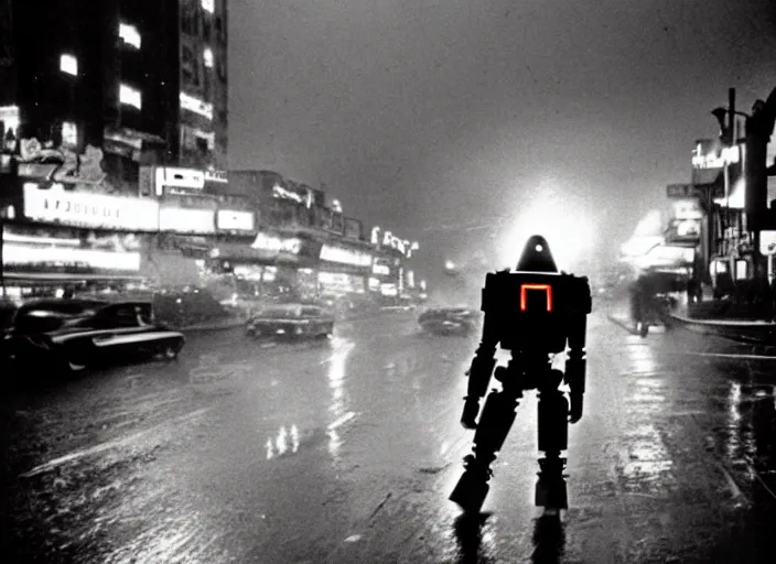 Image similar to a kodachrome photo of a tall huge metallic cyborg droid with glowing lights and sparks and lightning flying from inside, running sprinting on a rainy night in the city in the 1 9 5 0's, dramatic, seen from a distance, canon 5 0 mm, cinematic lighting, film, photography, award - winning, neon, cyberpunk, blade runner