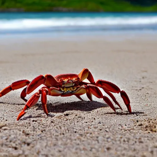 Prompt: A cute smiling crab on the beach, photo