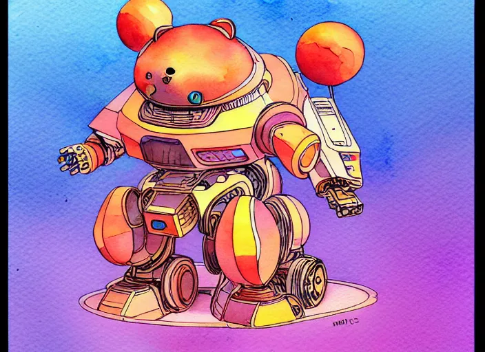 Prompt: a beautiful watercolor painting giant anthropomorphic hamster shaped mecha, moebius, detailed line art, gradient complementing colors