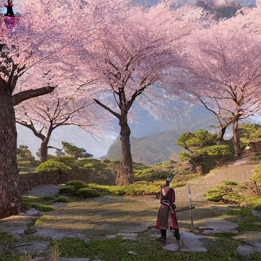 Image similar to highly detailed samurai with katana standing in ruined Japanese village, cherry blossom trees, mountains in background, epic, photorealistic, 8k octane render
