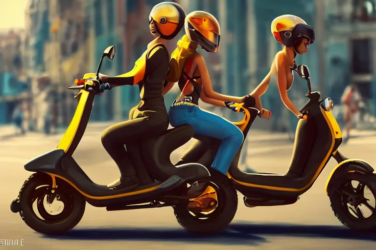 Prompt: moped scooter racing on the street, by etienne dinet, high details, 4 k, golden composition, artstation cgsociety