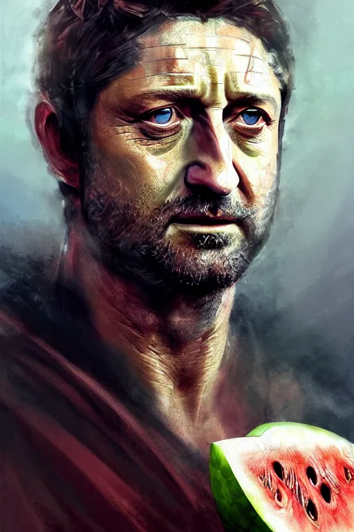 Prompt: portrait gerard butler as a greek king sitting on a watermelon, greek, intricate, headshot, key visual, conceptart, ambient lighting, highly detailed, digital painting, artstation, concept art, sharp focus, by makoto shinkai and akihiko yoshida and greg manchess