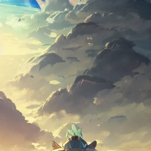 Image similar to a spaceship crashed into a foreign planet. The spaceship is buried in the ground. anime clouds. in the style of digital art, artstation trending, rossdraws, breath of the wild, Makoto Shinkai, ghibli