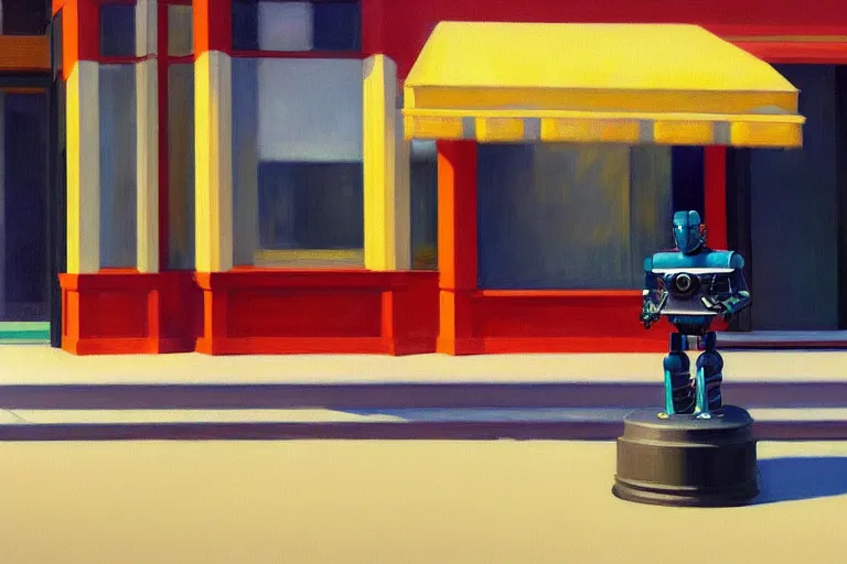 Image similar to beautiful illustration of a robot painting on a canvas by Edward Hopper, colorful octane render