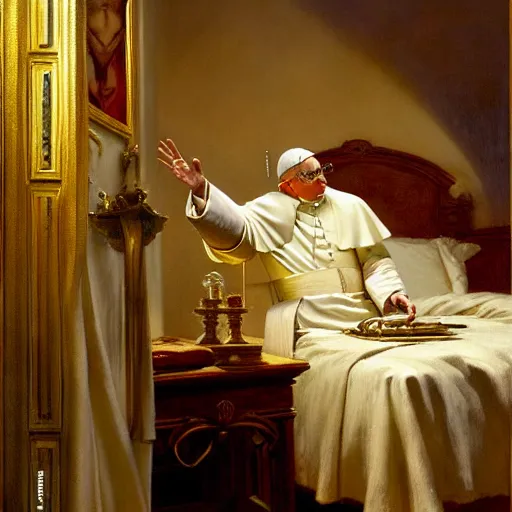 Image similar to the pope wakes up is his bed, sweating, nervous, terrified, because a double horned shadow demon lurks in the papal bedroom. highly detailed painting by gaston bussiere, j. c. leyendecker, greg rutkowski, craig mullins 8 k