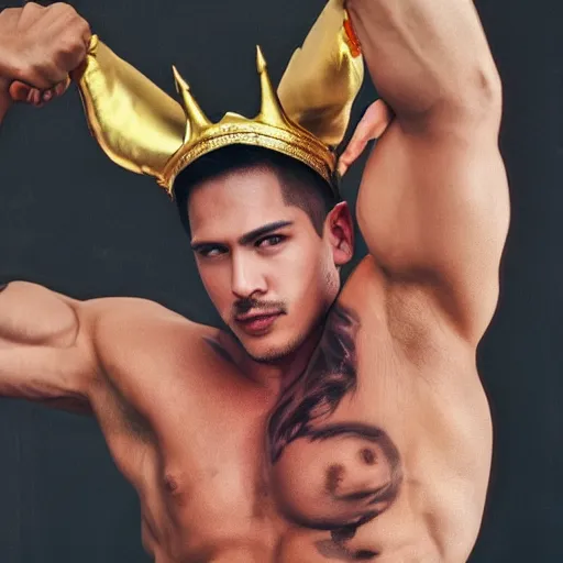 Prompt: the coolest looking muscle pig man wearing a gold crown on his head