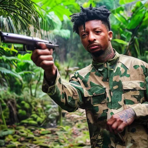 Prompt: 2 1 savage in vietnam in a jungle with a gun in like an old vienam war movie