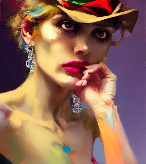 Prompt: delightful supermodel, diamond jewellery, by bartholomew beal, alfio presotto, rhads, salustiano garcia cruz, lita cabellut, contemporary art, mixed media, whimsical art, detailed,